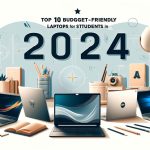 A stylish and modern graphic featuring a lineup of budget-friendly laptops for students in 2024. The laptops include brands like Acer, Lenovo, HP, Dell, ASUS, and Microsoft, displayed against a clean, minimalist background with educational elements such as notebooks, pencils, and textbooks. Text overlay: "Top 10 Budget-Friendly Laptops for Students in 2024.