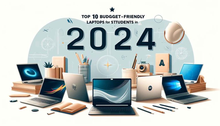 A stylish and modern graphic featuring a lineup of budget-friendly laptops for students in 2024. The laptops include brands like Acer, Lenovo, HP, Dell, ASUS, and Microsoft, displayed against a clean, minimalist background with educational elements such as notebooks, pencils, and textbooks. Text overlay: "Top 10 Budget-Friendly Laptops for Students in 2024.